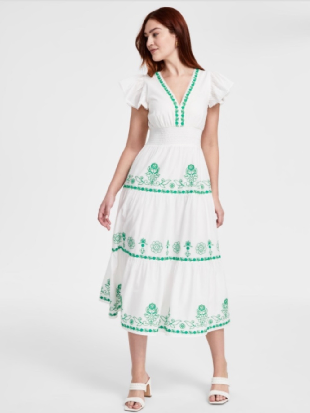 Adrianna Papell Smocked Waist Long Dress in Ivory Size 6 100% Cotton NWT